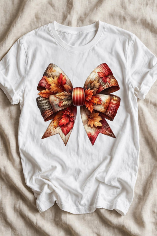 Бяла тениска с есенна панделка от кленови листа и каре