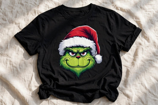 Черна тениска с иконичното лице на Grinch с коледна шапка и зла усмивка