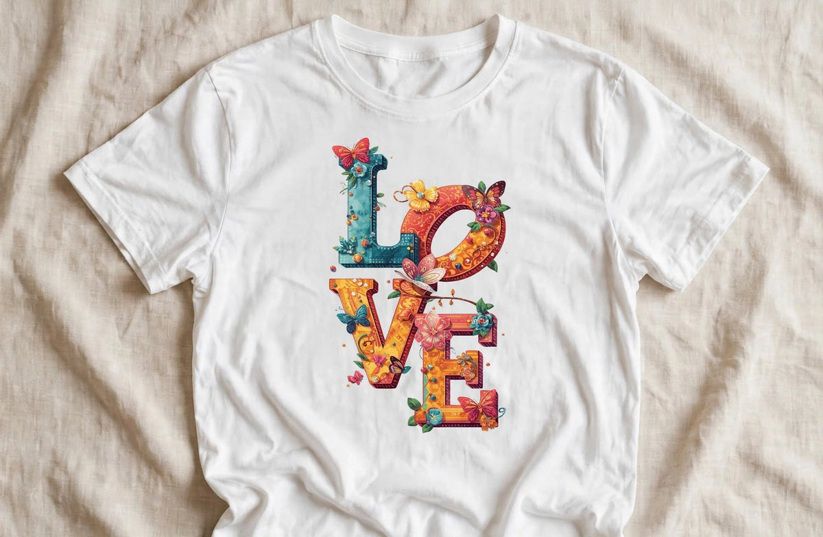 Бяла тениска с цветен надпис LOVE, цветя и пеперуди