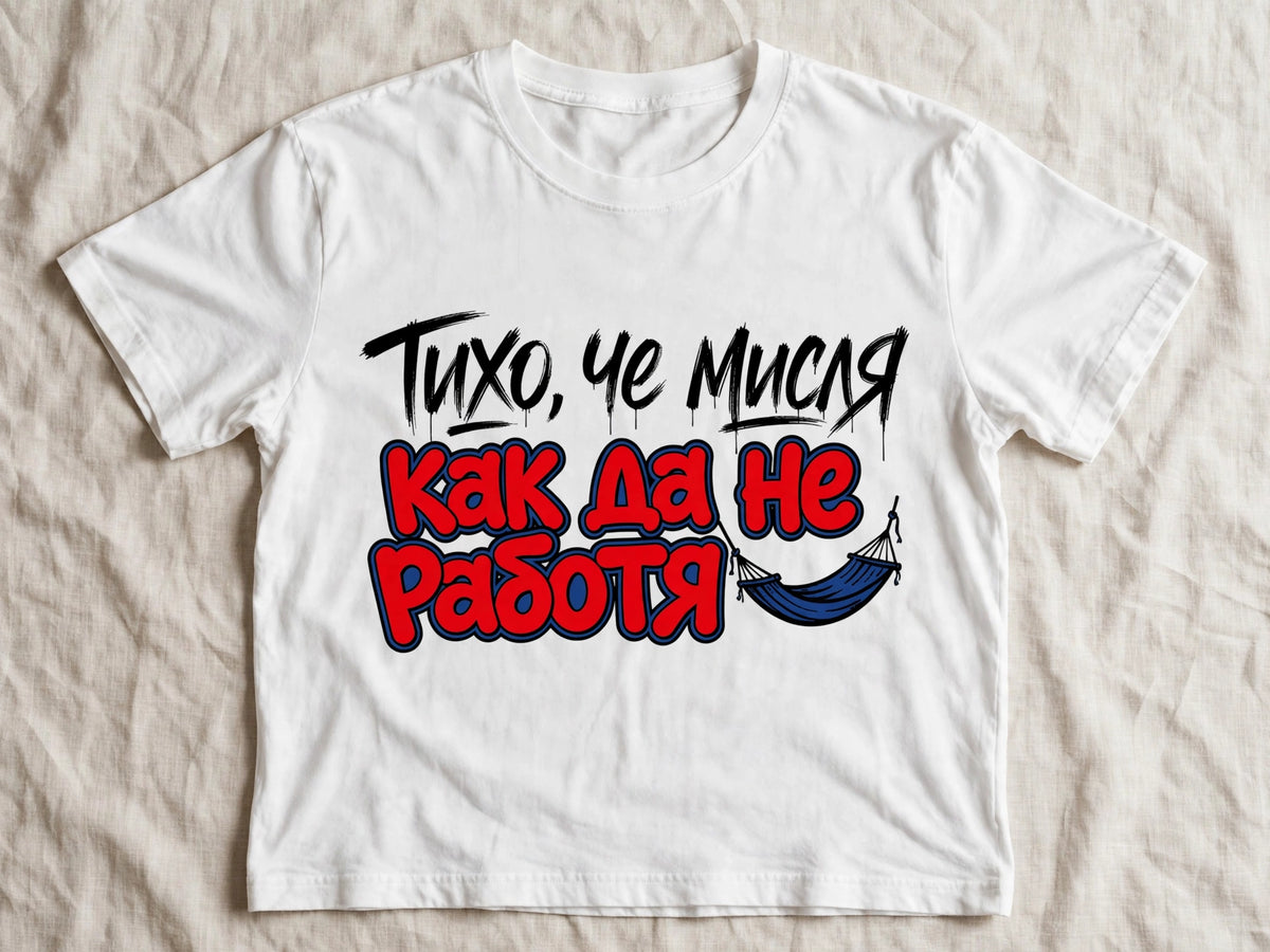 Бяла мъжка тениска с надпис Тихо, че мисля как да не работя