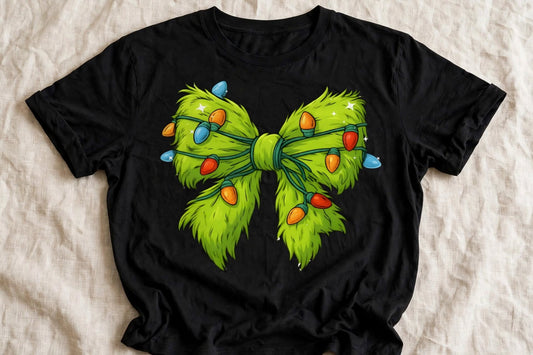 Черна тениска с Grinch панделка и коледни лампички