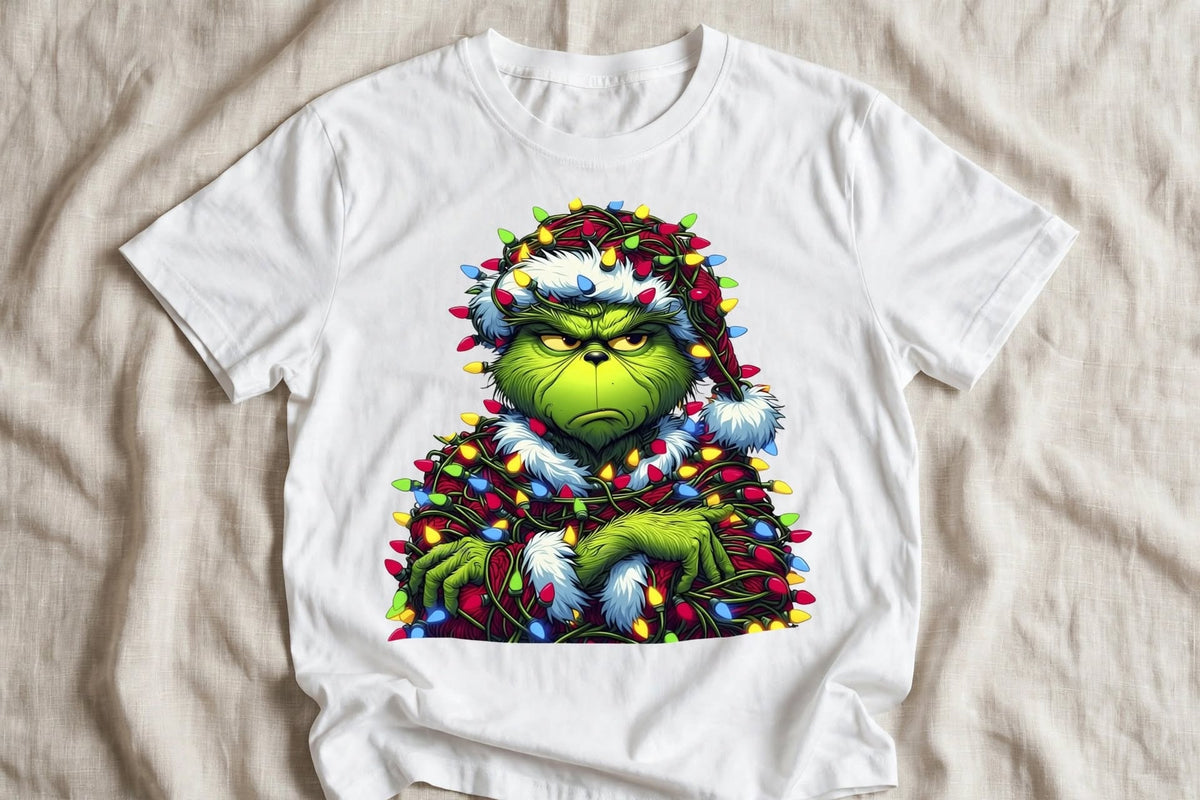 Бяла тениска с Grinch, увит в цветни коледни лампички