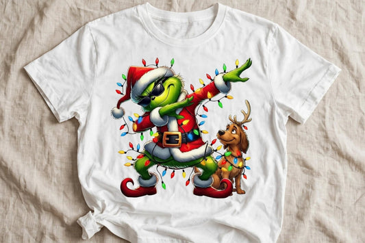 Бяла тениска с Grinch dab в костюм на Дядо Коледа с кученце елен и цветни лампички