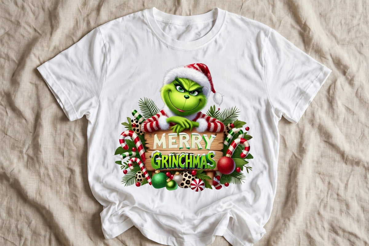 Бяла тениска с Grinch подпрян на дървена табела Merry Grinchmas с бонбони и коледни топки