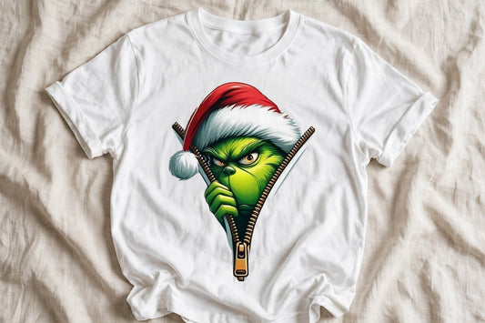 Бяла тениска с Grinch, надзъртащ от цип с коледна шапка