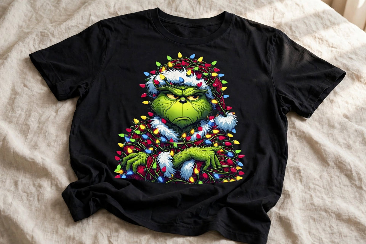 Черна тениска с Grinch, увит в цветни коледни лампички