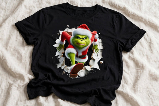 Черна тениска с 3D дизайн на Grinch в костюм на Дядо Коледа, пробиващ стената