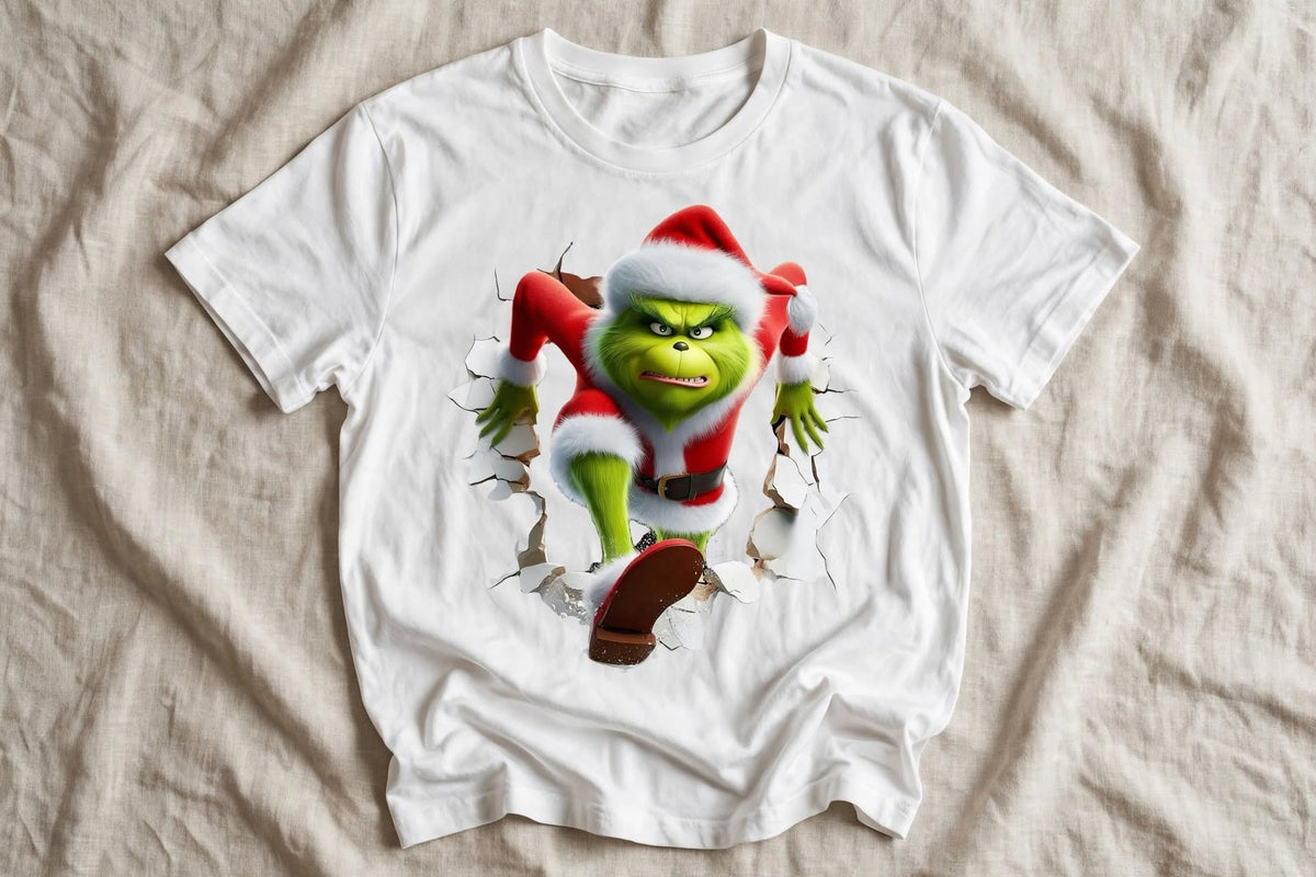 Бяла тениска с 3D дизайн на Grinch в костюм на Дядо Коледа, пробиващ стената