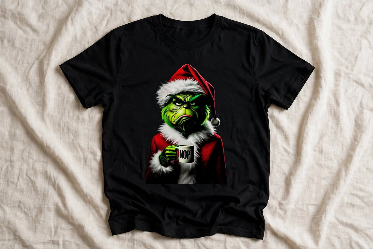 Черна тениска с Grinch в костюм на Дядо Коледа, държащ чаша с надпис NOPE