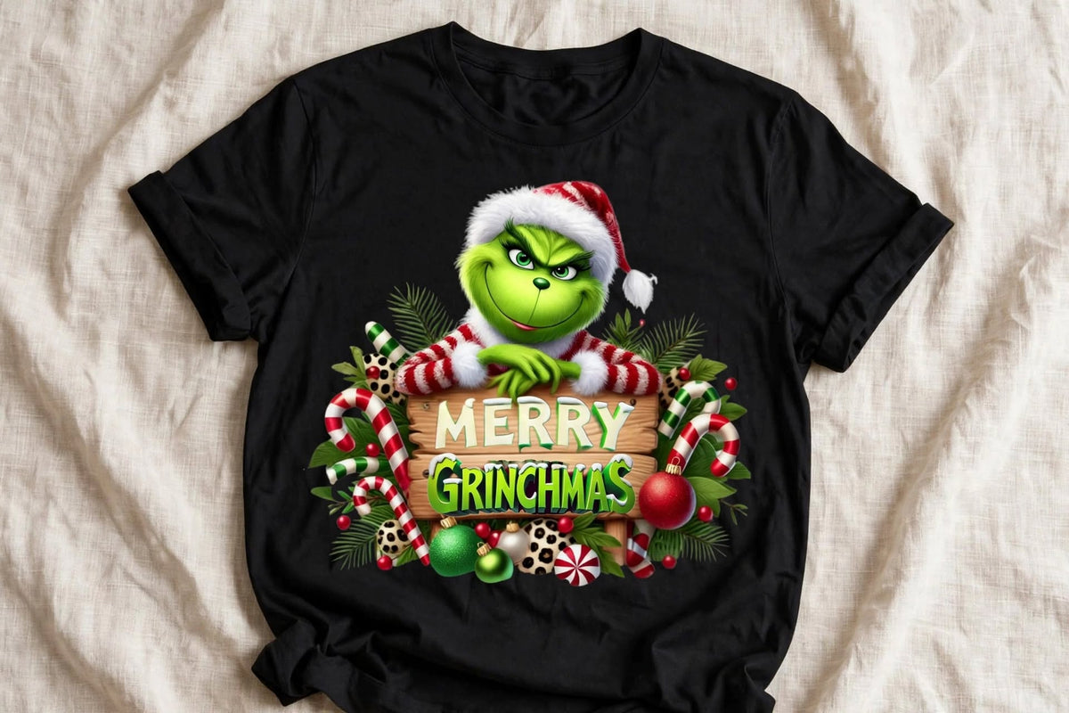Черна тениска с Grinch подпрян на дървена табела Merry Grinchmas с бонбони и коледни топки