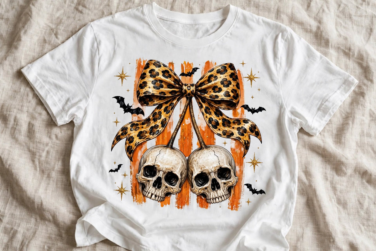 Бяла тениска с Halloween дизайн — леопардова панделка, два черепа, прилепи и златни звезди