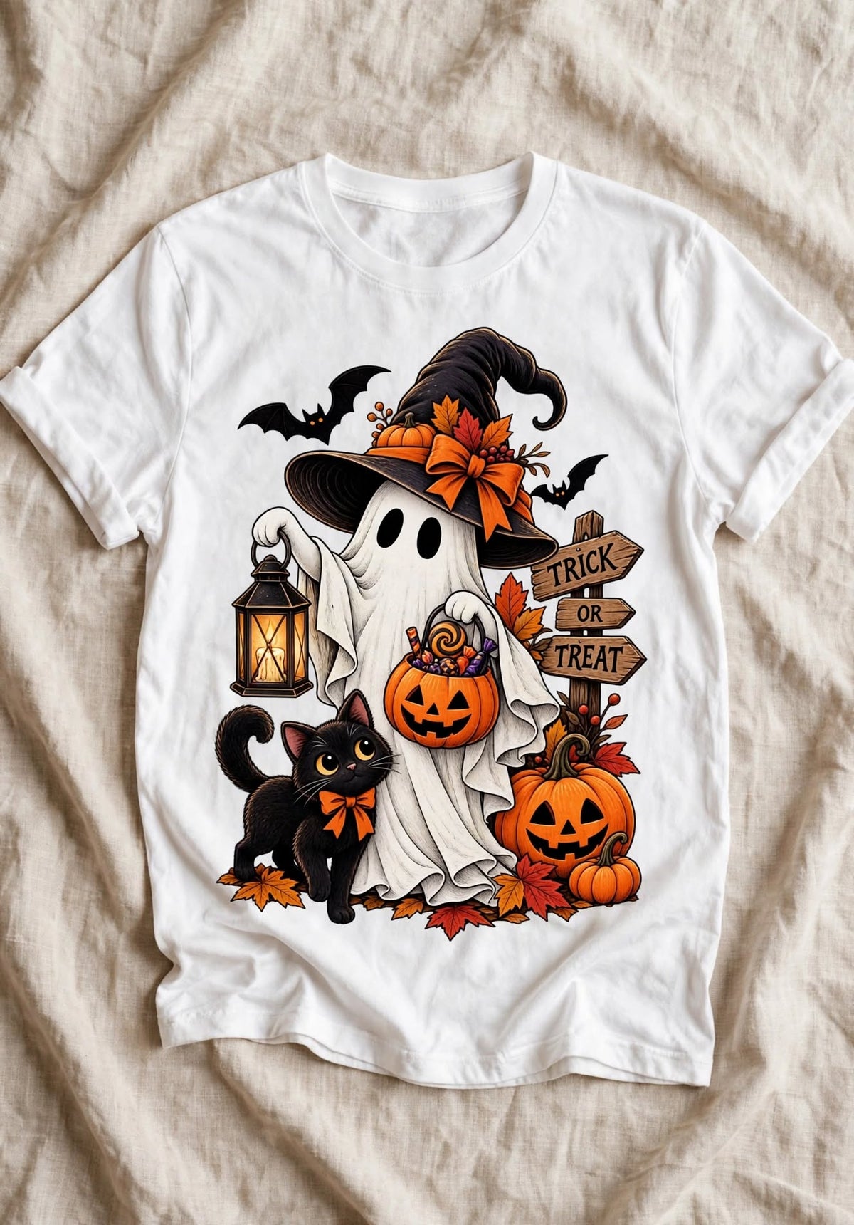 Бяла тениска с Halloween дизайн — призрак с вещерска шапка, черна котка и Trick or Treat табела