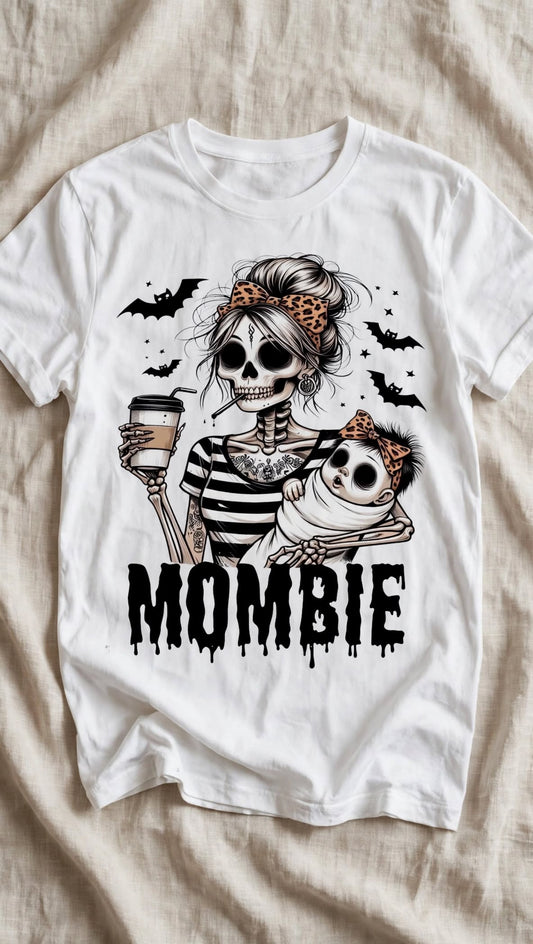 Бяла тениска с Halloween дизайн MOMBIE — скелет мама с кафе, бебе и прилепи