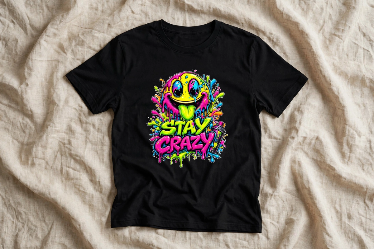 Черна тениска с цветна щампа Stay Crazy
