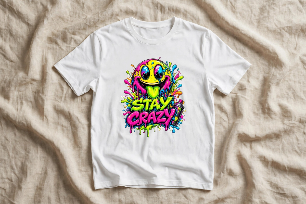 Бяла тениска с цветна щампа Stay Crazy