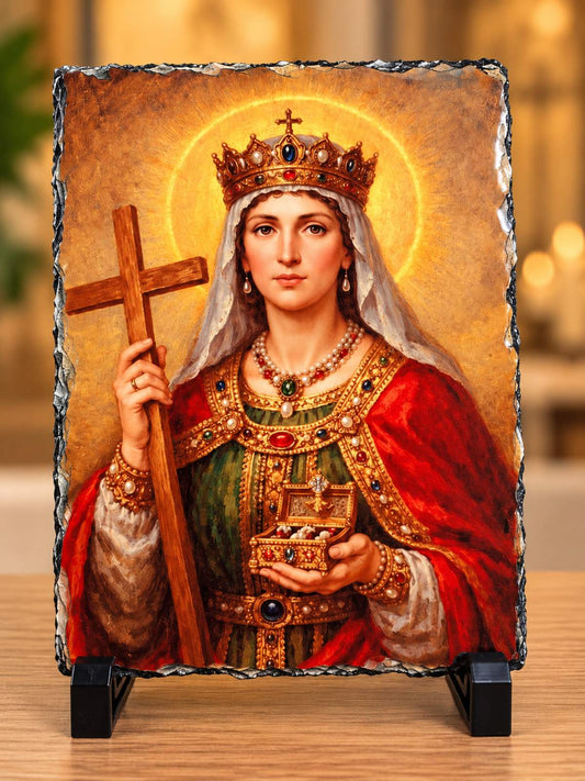 Икона на Света Екатерина върху каменна плоча 15 × 20 см, с корона, кръст и червена мантия на златист фон