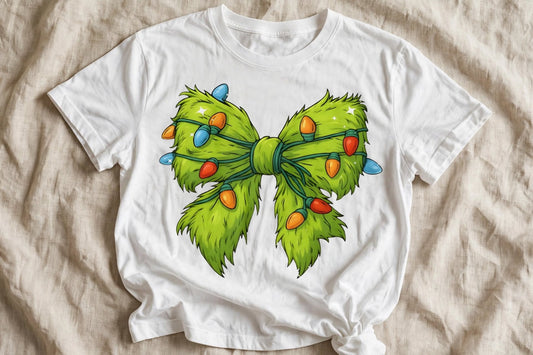 Бяла тениска с Grinch панделка и коледни лампички